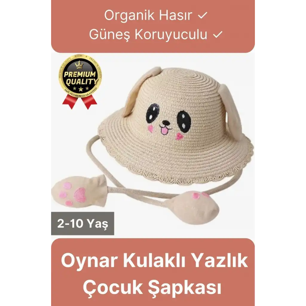 Özel Tasarım Organik Hasır Güneş Koruyuculu 2-10 Yaş Hareket Eden Oynar Kulaklı Yazlık Çocuk Şapka