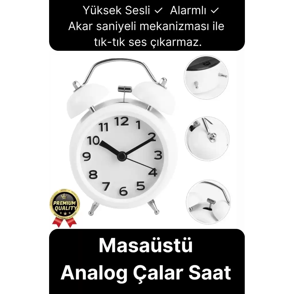 Premium Kalite Dekoratif Pilli Yüksek Sesli Alarmlı Çift Çan Formlu Masaüstü Mini Analog Çalar Saat