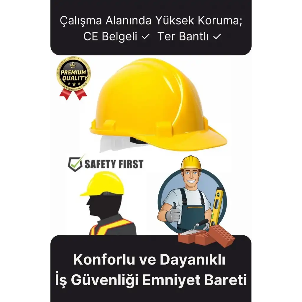 Premium Dayanıklı Konforlu CE Belgeli Ter Bantlı Şantiye İnşaat İş Güvenliği Sarı Emniyet Bareti