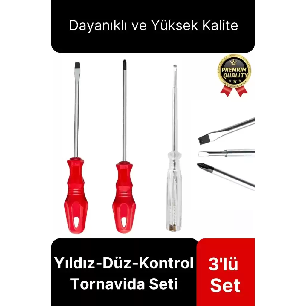 Premium Dayanıklı Ergonomik Vidalama Tamir Tadilat Yıldız Düz Kontrol Kalemi 3lü Tornavida Seti