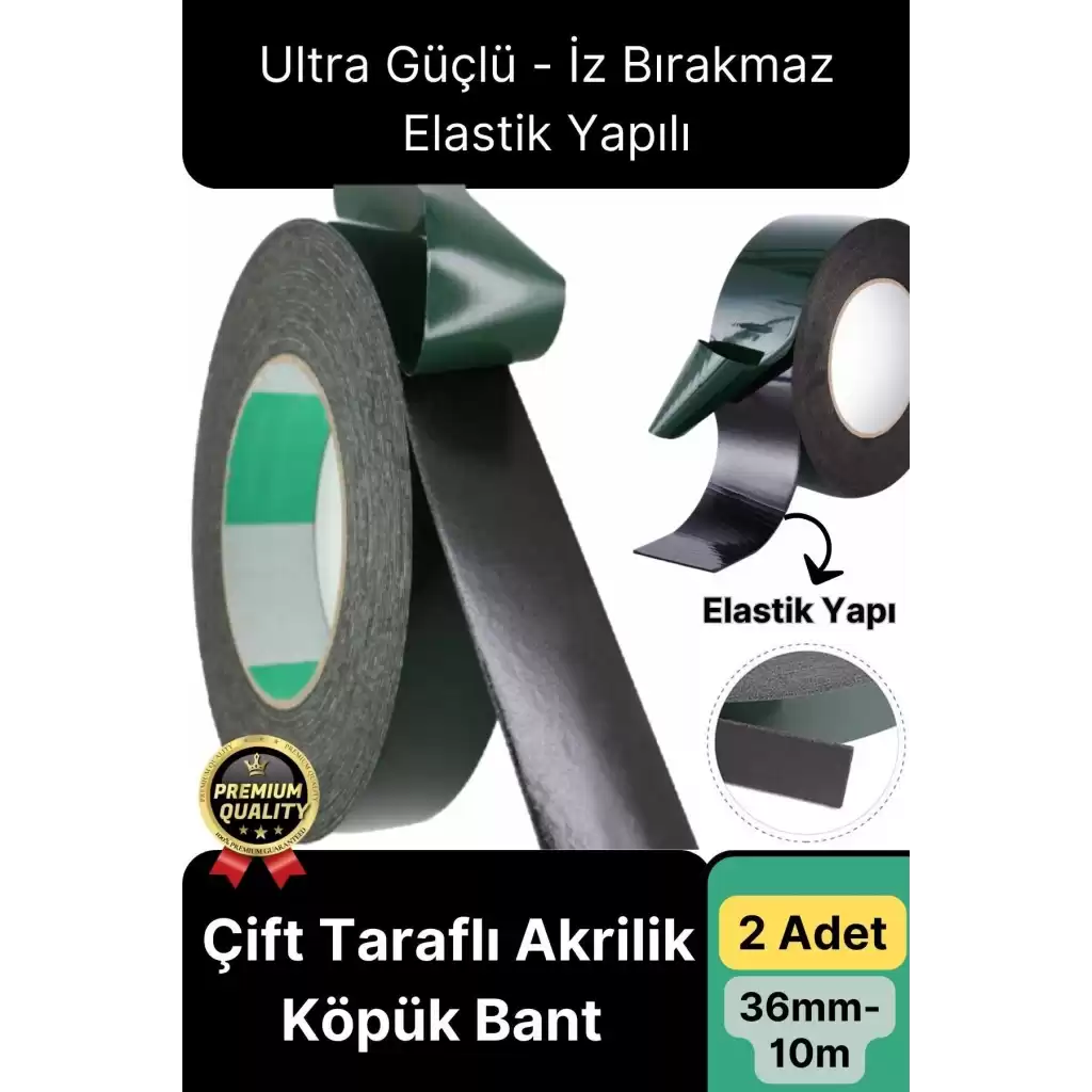 Premium Ultra Güçlü İz Bırakmaz Elastik Yapılı Çift Taraflı Akrilik Köpük Bant 36mm - 10m - 2 Adet