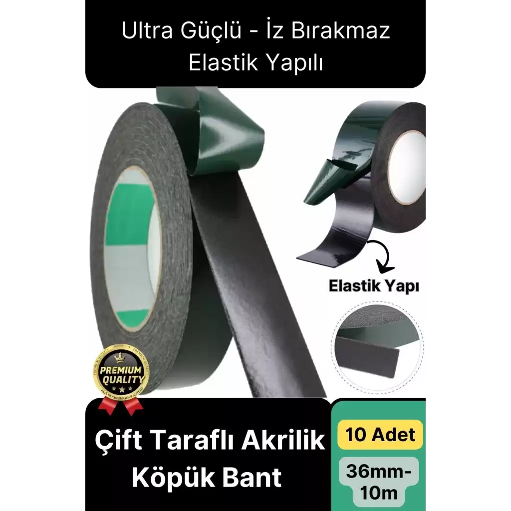 Premium Ultra Güçlü İz Bırakmaz Elastik Yapılı Çift Taraflı Akrilik Köpük Bant 36mm - 10m - 10 Adet