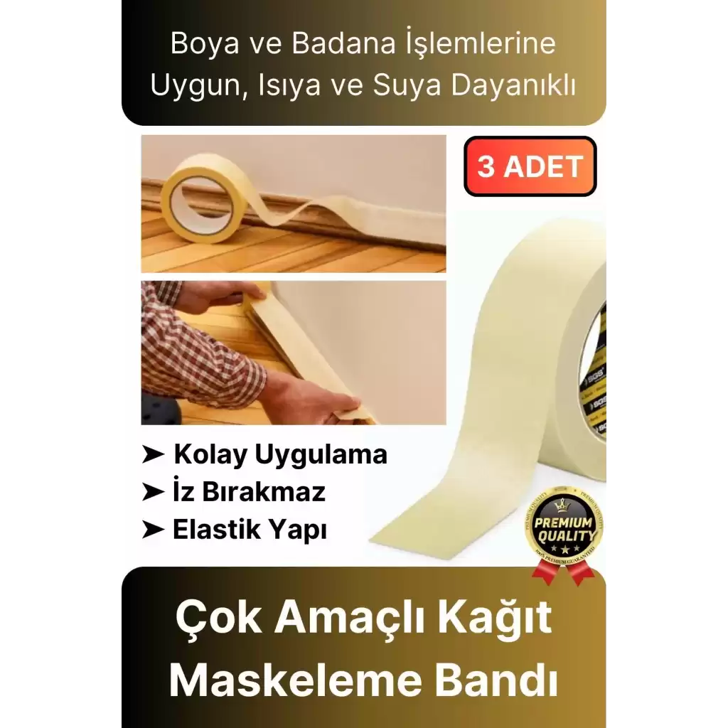 Çok Amaçlı Isıya Suya Dayanıklı Kolay Sökülebilen 25mt Krep Kağıt Maskeleme Boya Badana Bandı-3 Adet