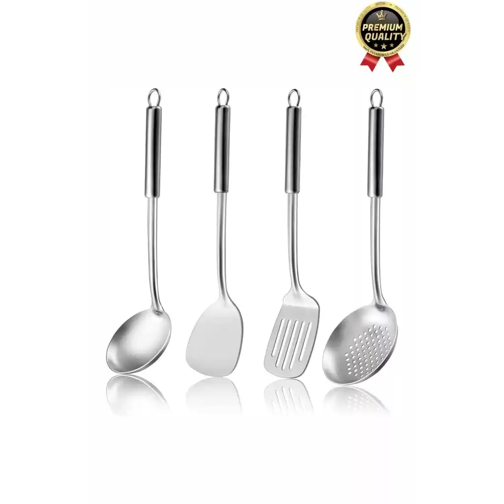 Çok Amaçlı Paslanmaz Çelik Isıya Dayanıklı Saplı Spatula Kepçe 5 Parça Standlı Mutfak Servis Seti