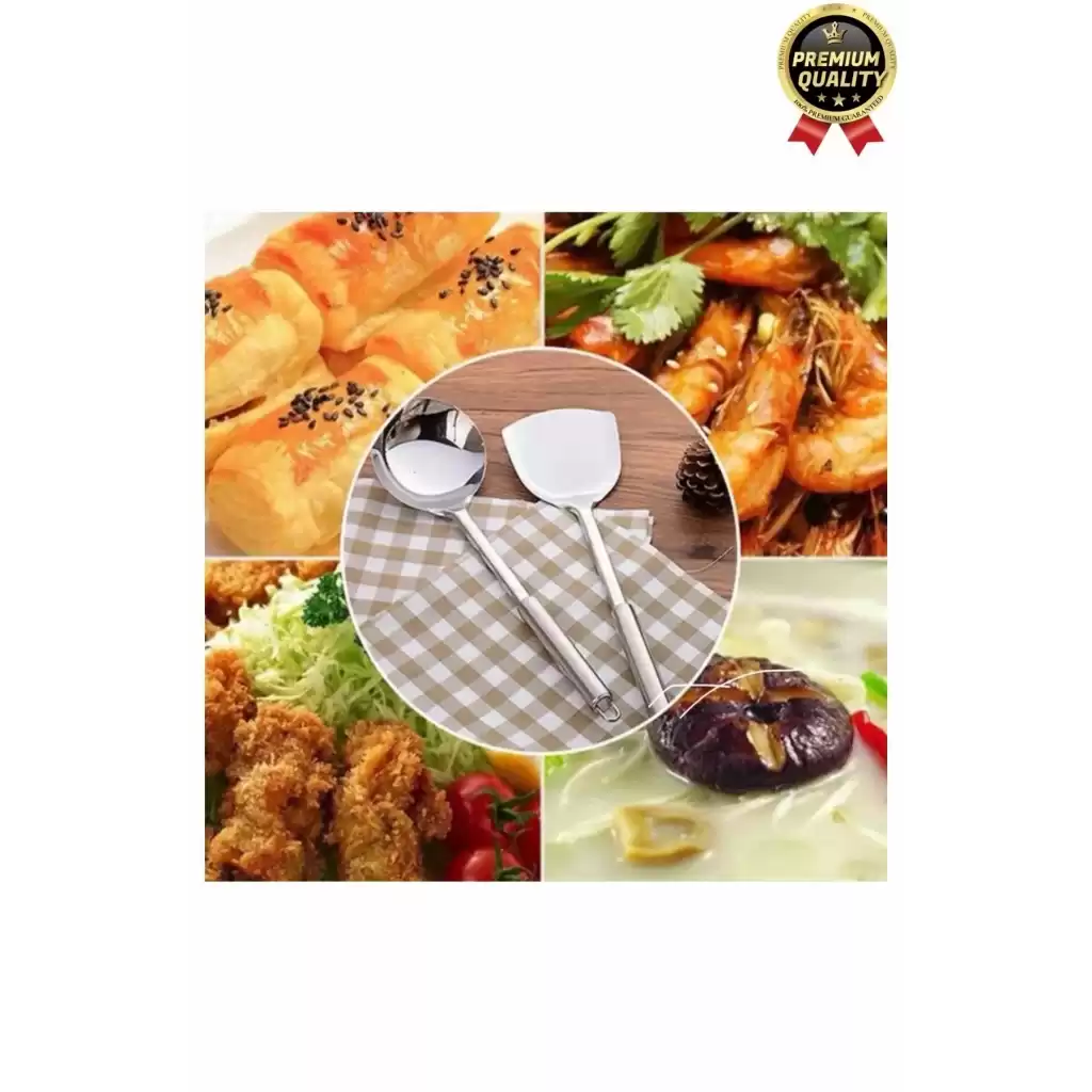 Çok Amaçlı Paslanmaz Çelik Isıya Dayanıklı Saplı Spatula Kepçe 5 Parça Standlı Mutfak Servis Seti