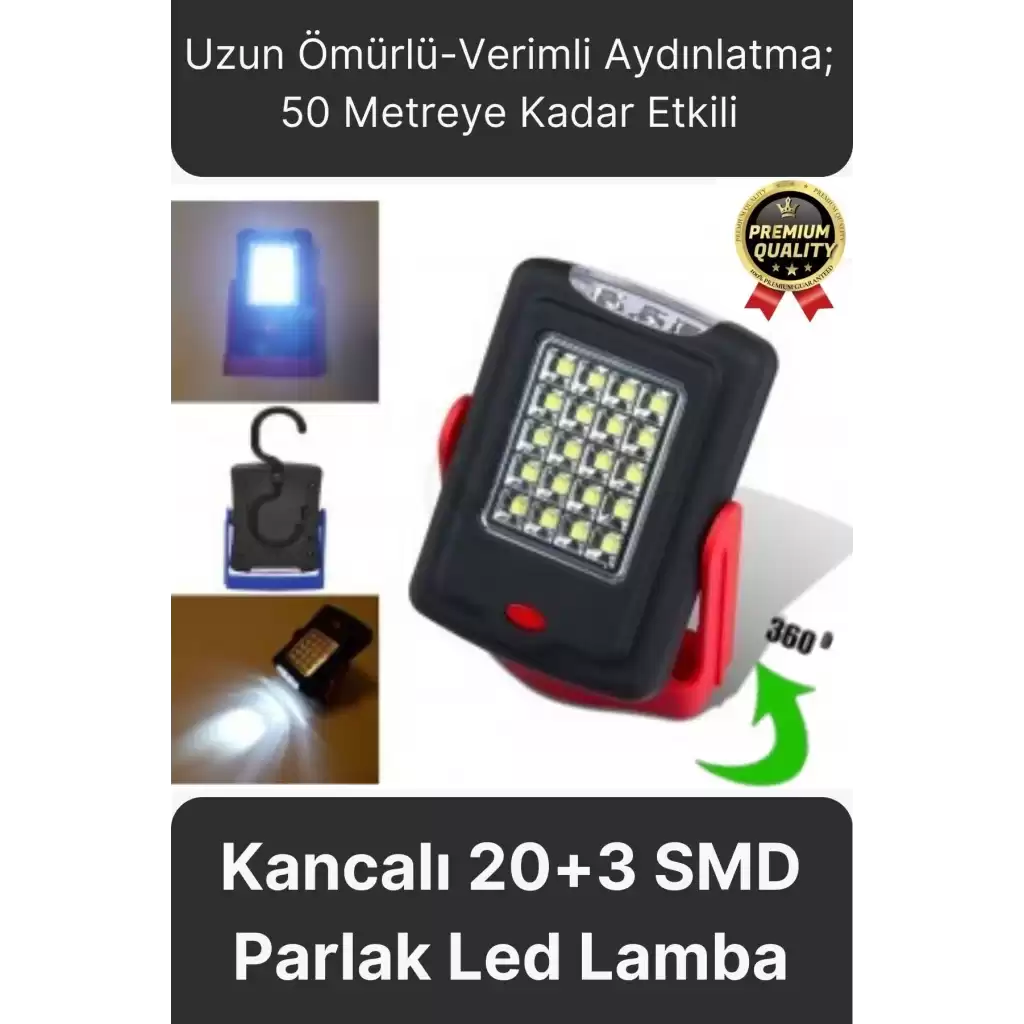 Premium Kancalı Asılabilir Mıknatıslı Pilli Beyaz Işık 50 Metre Mesafeli 20+3 SMD Parlak Led Lamba