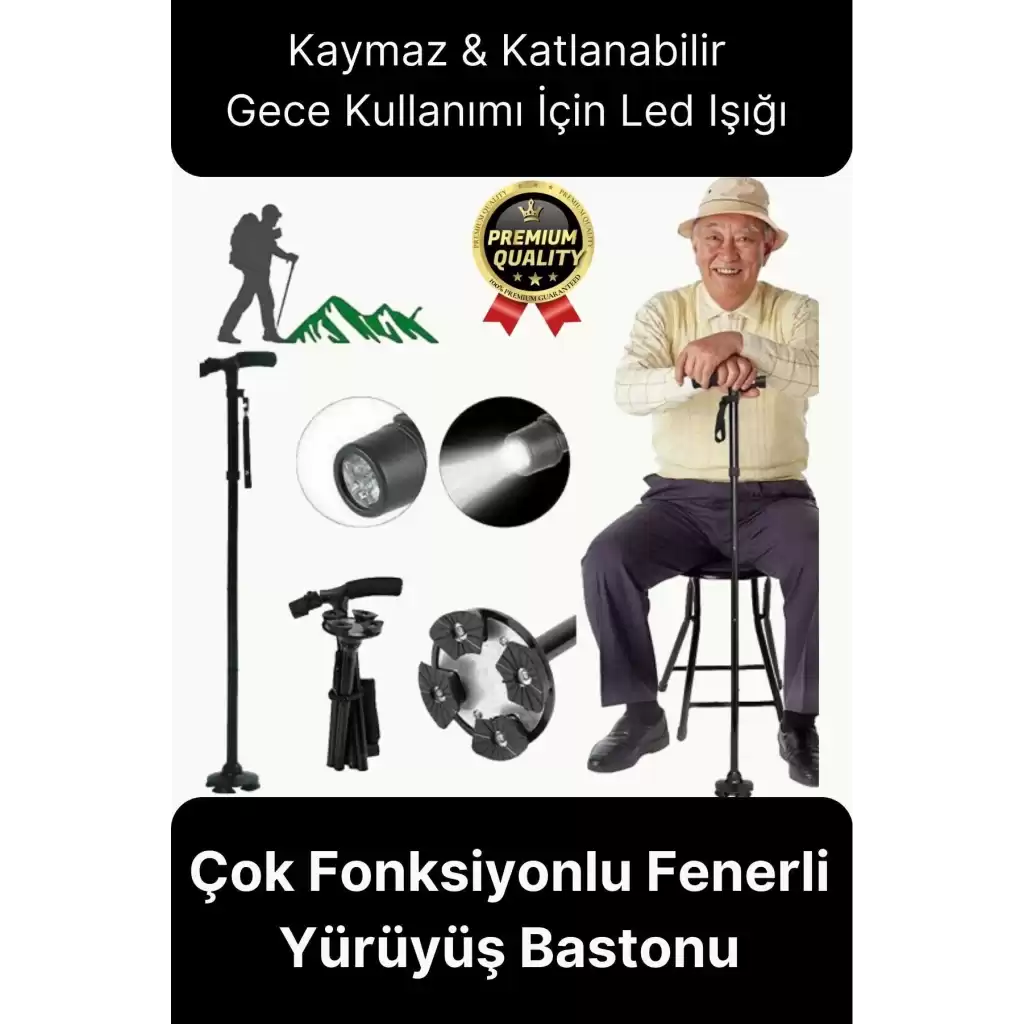 Çok Fonksiyonlu Kaymaz Ayaklı Katlanabilir Dağçı Ve Yaşlılar İçin Led Işıklı Fenerli Yürüyüş Bastonu