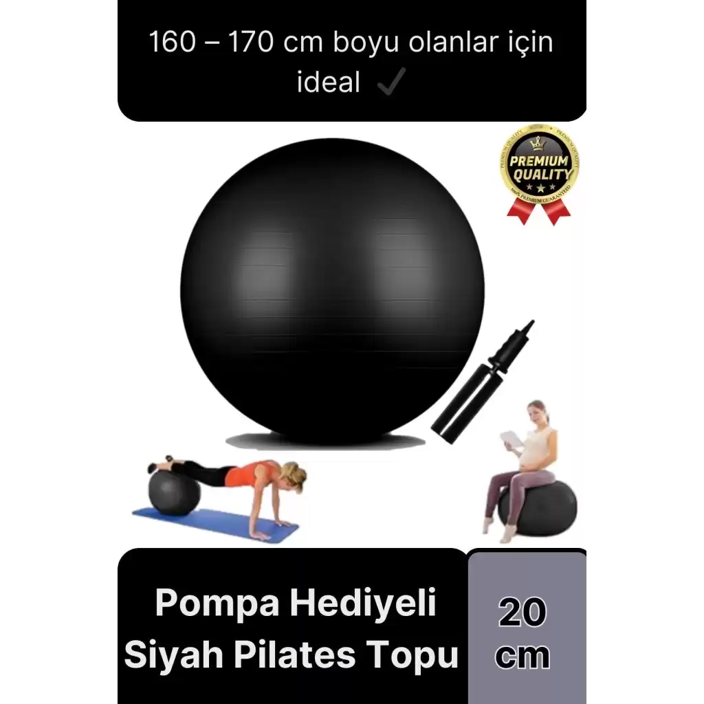 Premium Mini Gymball 20cm Jimnastik Denge Fitness Spor Şişirme Pompası Hediyeli Siyah Pilates Topu