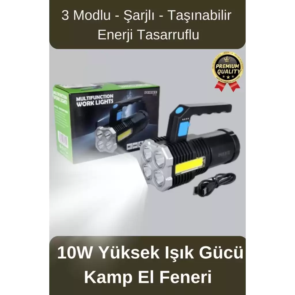 Çok Amaçlı Taşınabilir Enerji Tasarruflu 10w Yüksek Işık Gücünde 3 Modlu Ledli Şarjlı El Kamp Feneri