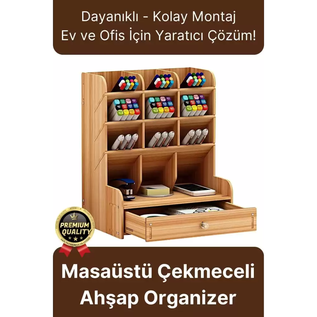 Premium Demonte Ev Ofis Masaüstü Çapraz 9 Bölmeli Kalemlik Çekmeceli Ahşap Organizer Düzenleyici