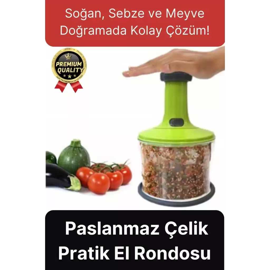 Premium Pratik Paslanmaz Çelik Sebze Meyve Soğan Doğrama Bıçaklı Üstten Basmalı El Rondosu Blender