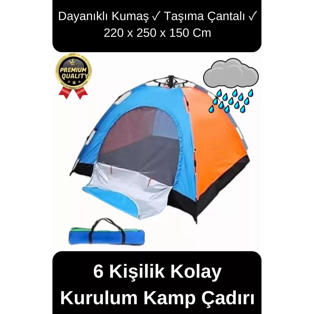 Ultra Dayanıklı Kolay Kurulum Taşıma Çantalı Su Geçirmez Sineklikli Tüllü 6 Kişilik Kamp Çadırı