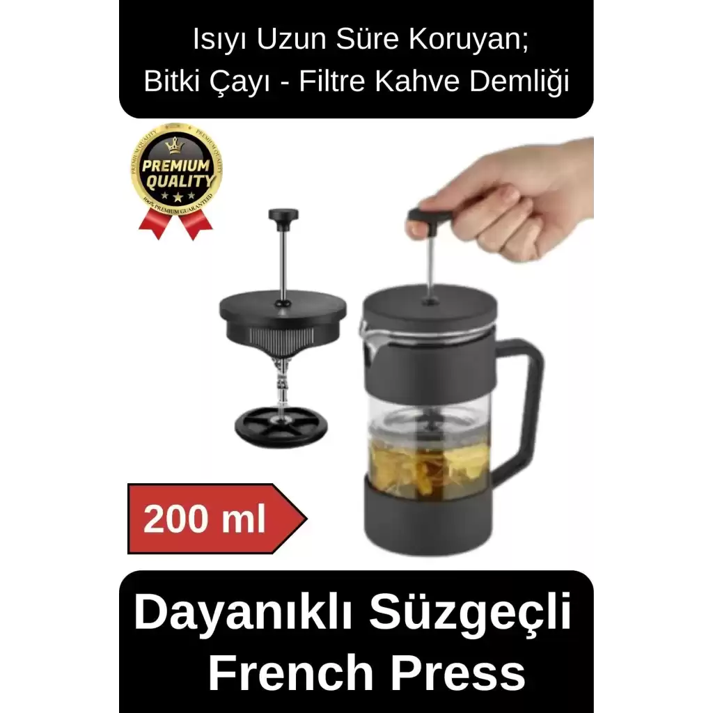 Premium Kalite Dayanıklı Isıyı Koruyan Filtre Kahve Bitki Çayı Demleme Siyah French Press 200 ml
