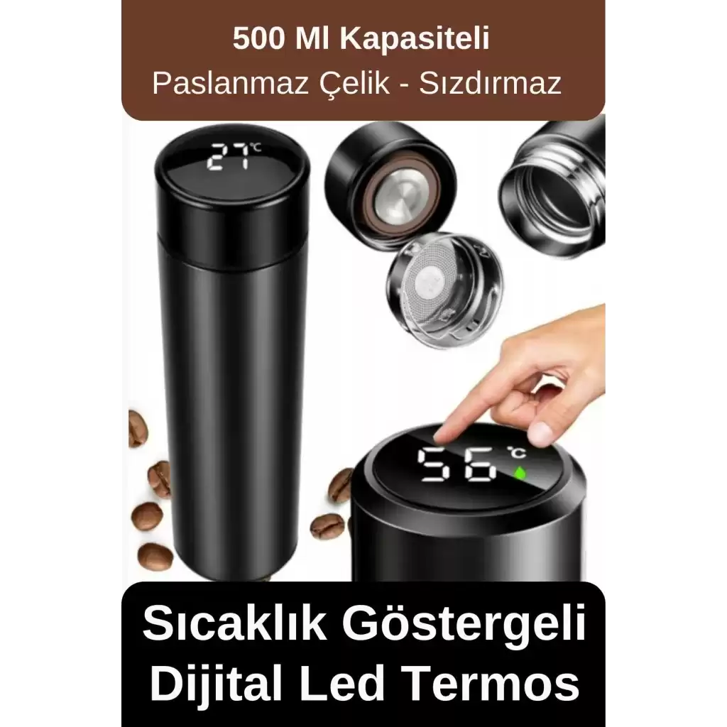 Premium Alite Gıda Sınıfı 201 Paslanmaz Çelik Sıcaklık Göstergeli Sızdırmaz Dijital Led Siyah Termos