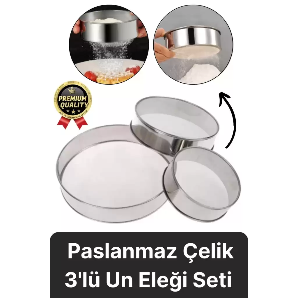 Premium Sağlam Paslanmaz Çelik Ultra İnce Örgü Filtre Mutfak Süzgeç 3lü Un Şeker Pirinç Eleği Seti