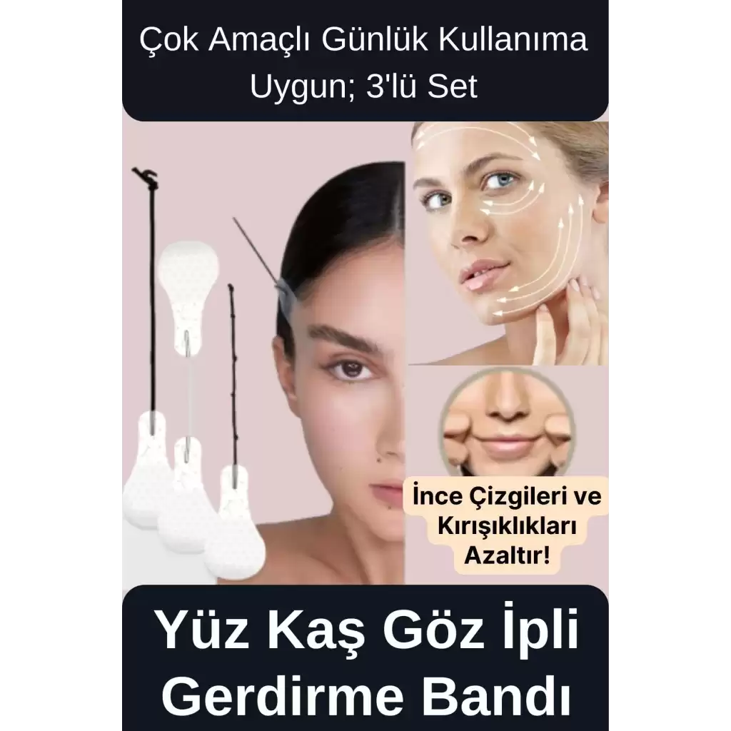 Çok Amaçlı Estetik Günlük Lastikli Yüz Kaş Göz Boyun Vücut Kaz Ayağı İpli Gerdirme Bantları 3lü Set