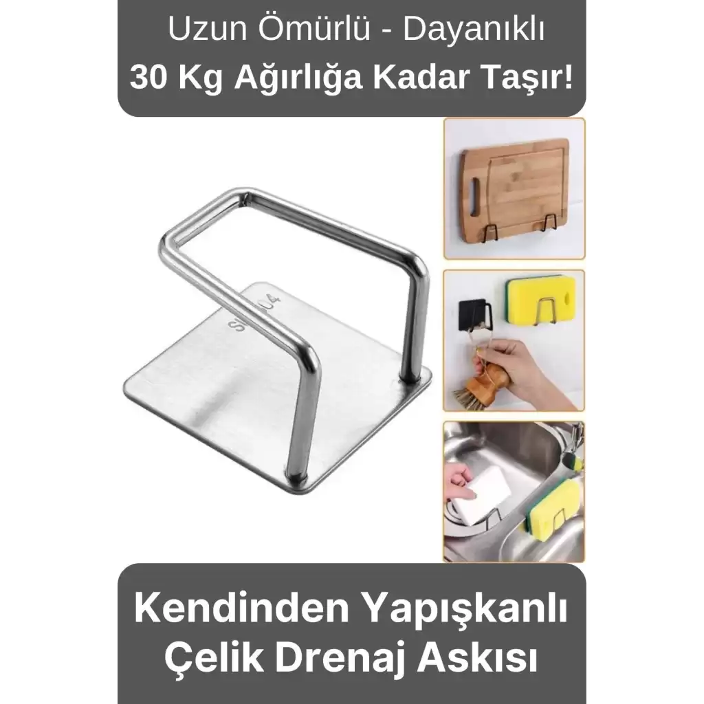 Paslanmaz Çelik Suya Dayanıklı Evye Düzenleyici Yapışkanlı Bulaşık Süngeri Tutucu Drenaj Askısı