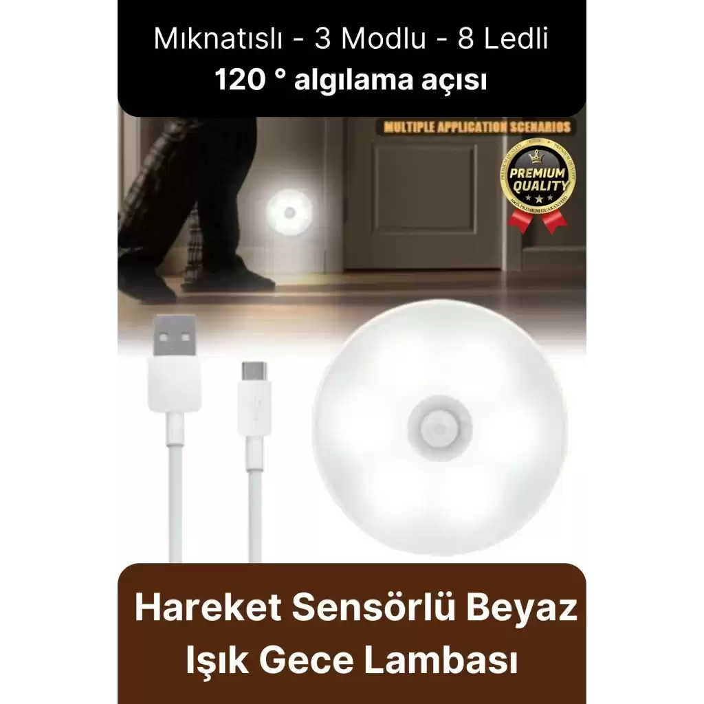 Premium Hareket Sensörlü Usb Şarj Edilebilir Mıknatıslı 3 Mod 8 Ledli Beyaz Işık Gece Lambası 1 Adet