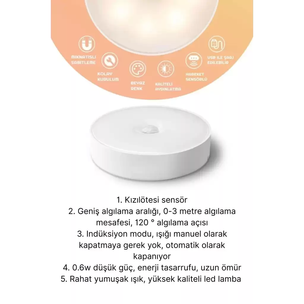 Premium Hareket Sensörlü Usb Şarj Edilebilir Mıknatıslı 3 Mod 8 Ledli Beyaz Işık Gece Lambası 1 Adet