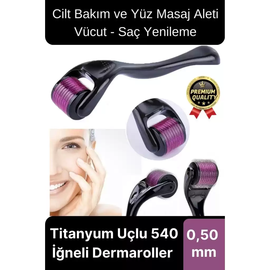 Premium Cilt Bakım ve Yüz Masaj Aleti Vücut Yenileme Titanyum Uçlu 540 İğneli Dermaroller 0,50 mm