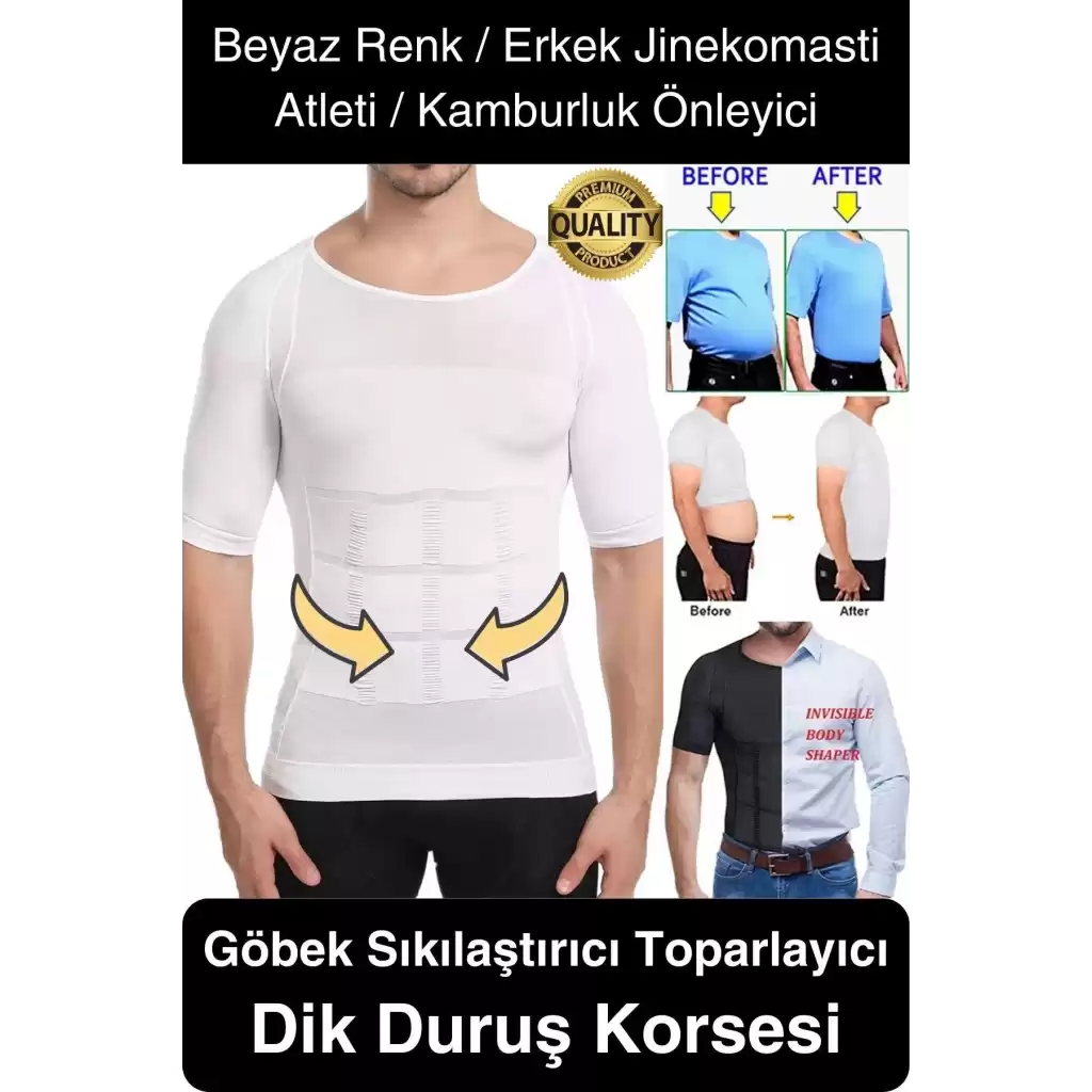 Beyaz Renk Erkek Bel Göğüs Dik Duruş Korsesi Atlet Jinekomasti Göbek Sıkılaştırıcı Toparlayıcı