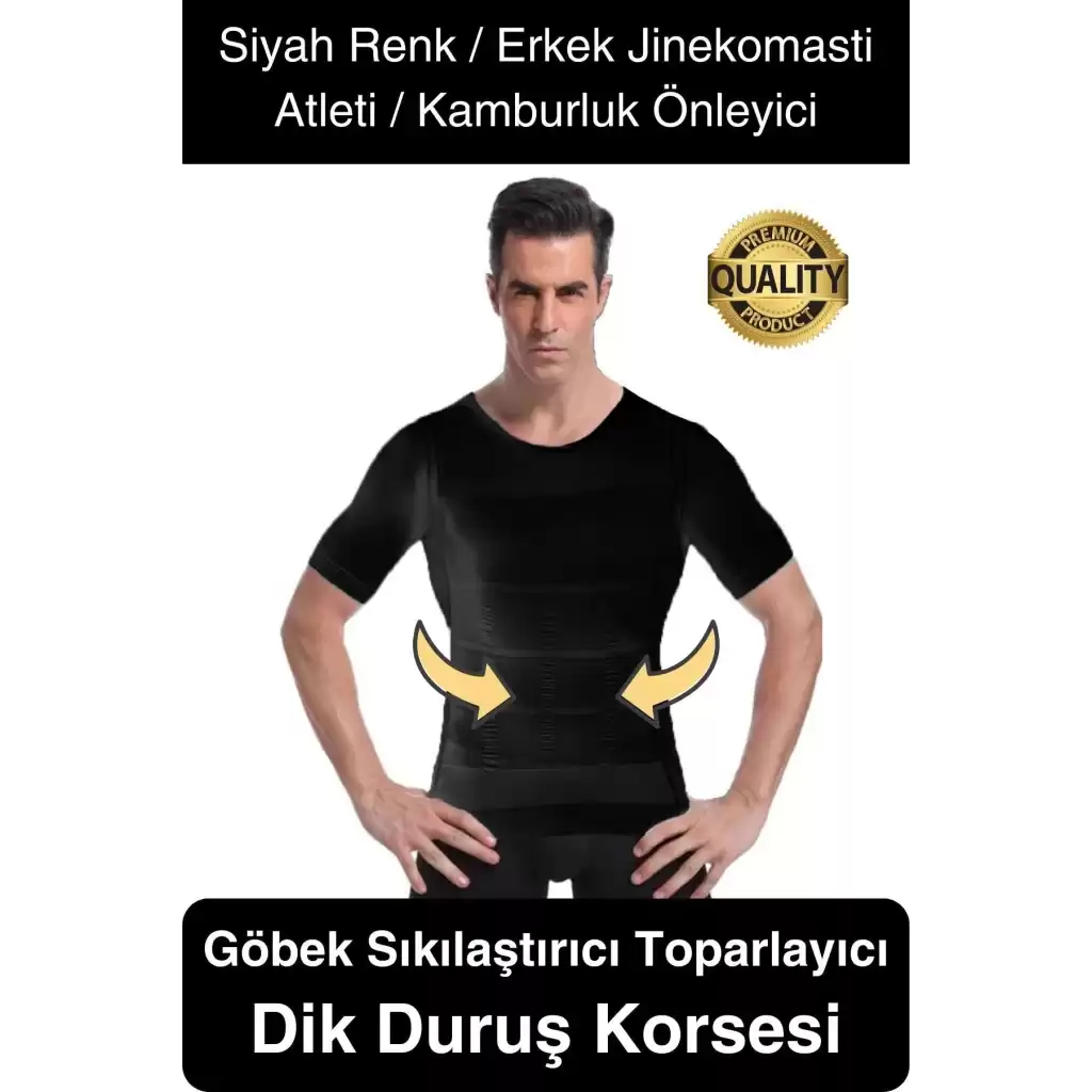 Siyah Renk Erkek Bel Göğüs Dik Duruş Korsesi Atlet Jinekomasti Göbek Sıkılaştırıcı Toparlayıcı