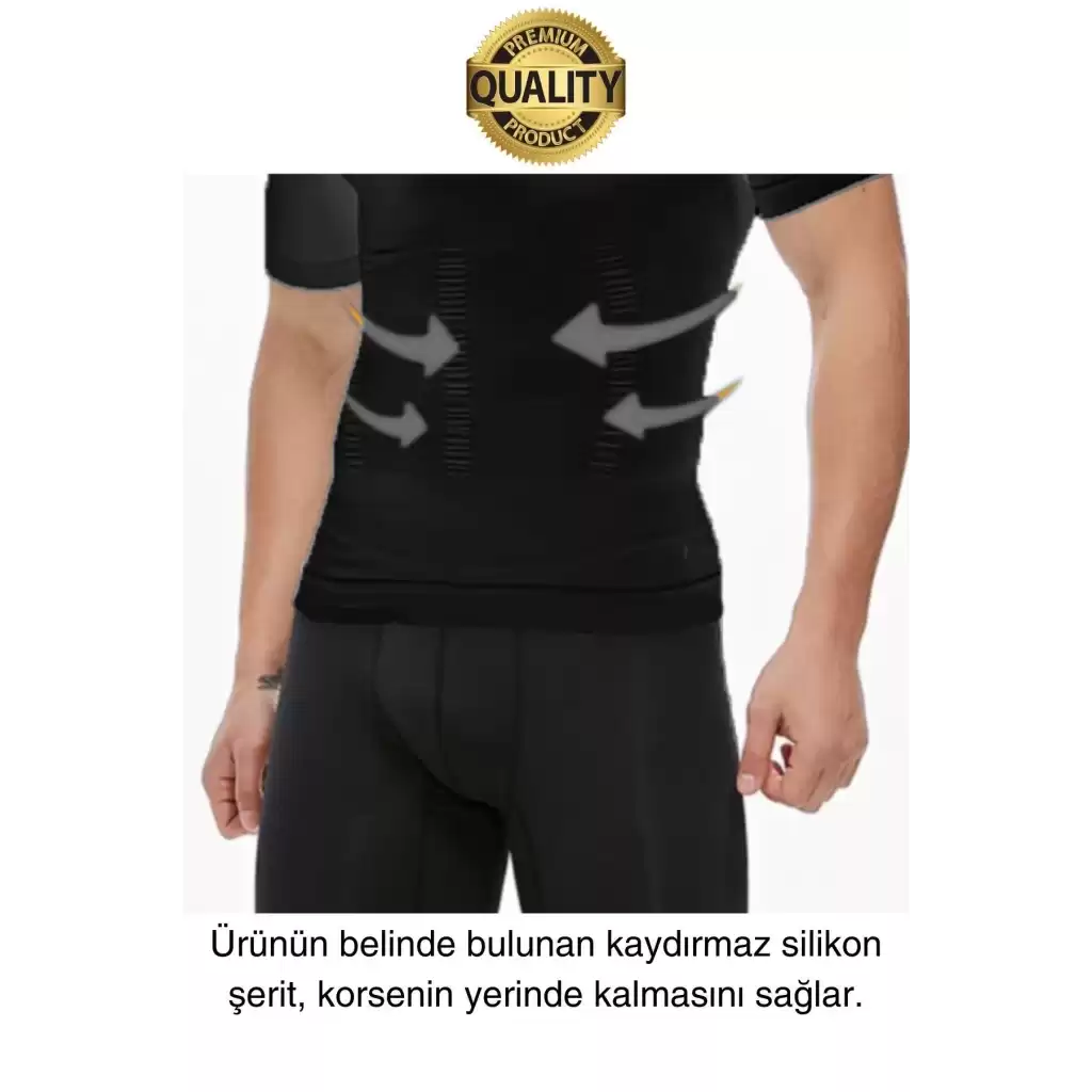 Siyah Renk Erkek Bel Göğüs Dik Duruş Korsesi Atlet Jinekomasti Göbek Sıkılaştırıcı Toparlayıcı