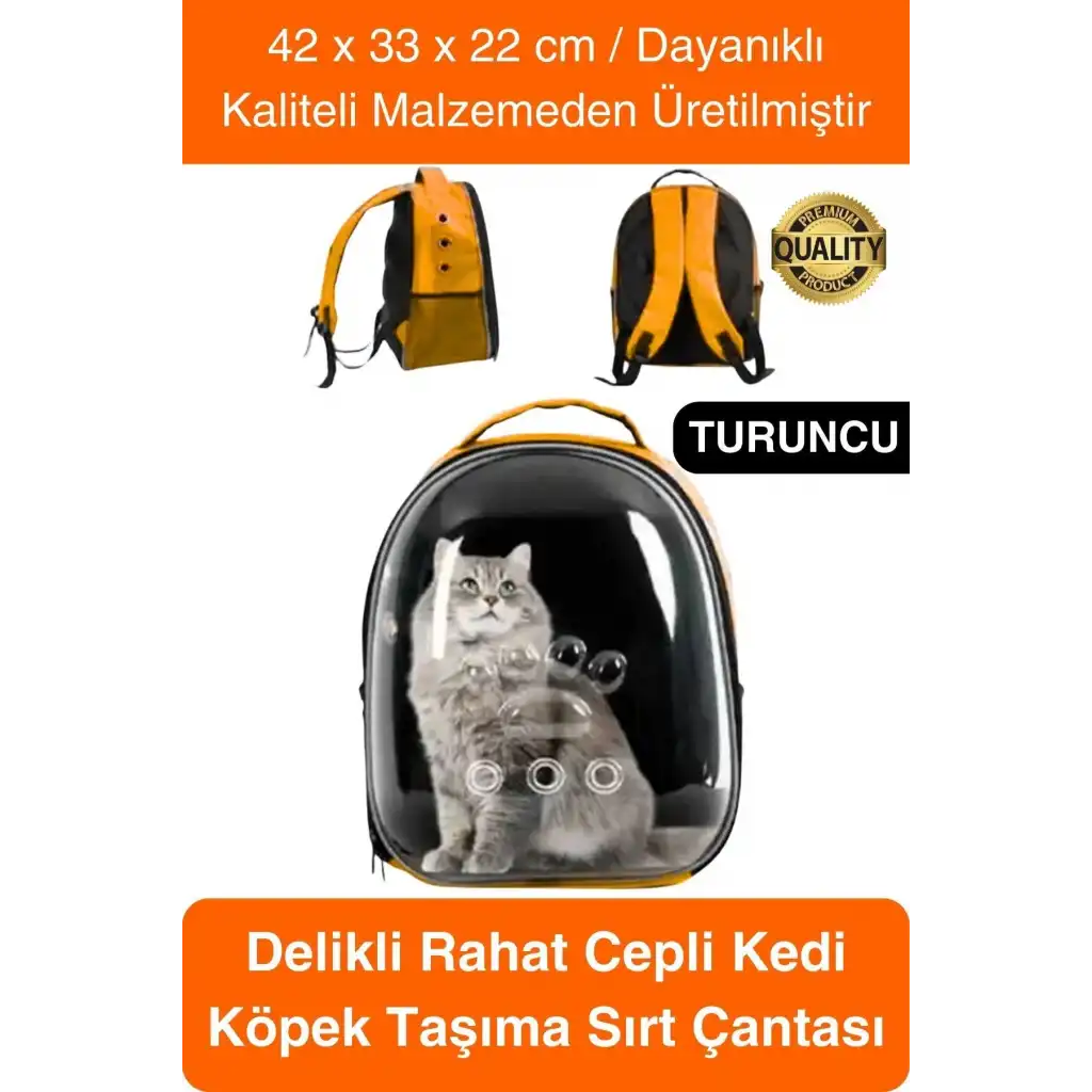 Premium Şeffaf Delikli Evcil Hayvan Kedi Köpek Taşıma Sırt Çantası Cepli Rahat Sağlam 42x33x22 cm