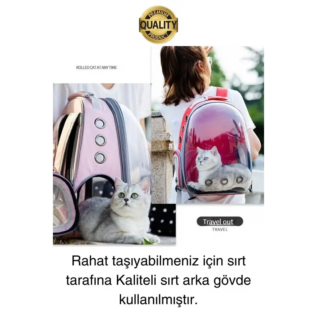 Premium Şeffaf Delikli Evcil Hayvan Kedi Köpek Taşıma Sırt Çantası Cepli Rahat Sağlam 42x33x22 cm