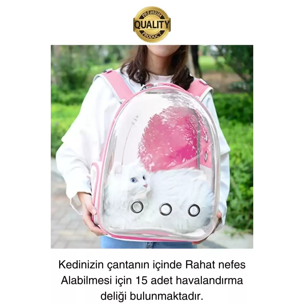 Premium Şeffaf Delikli Evcil Hayvan Kedi Köpek Taşıma Sırt Çantası Cepli Rahat Sağlam 42x33x22 cm