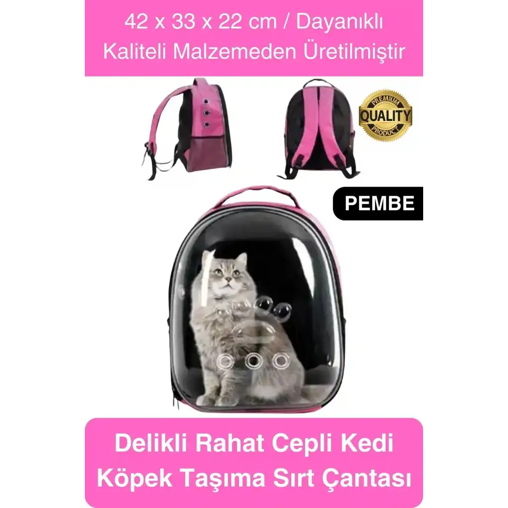 Premium Şeffaf Delikli Evcil Hayvan Kedi Köpek Taşıma Sırt Çantası Cepli Rahat Sağlam 42x33x22 cm