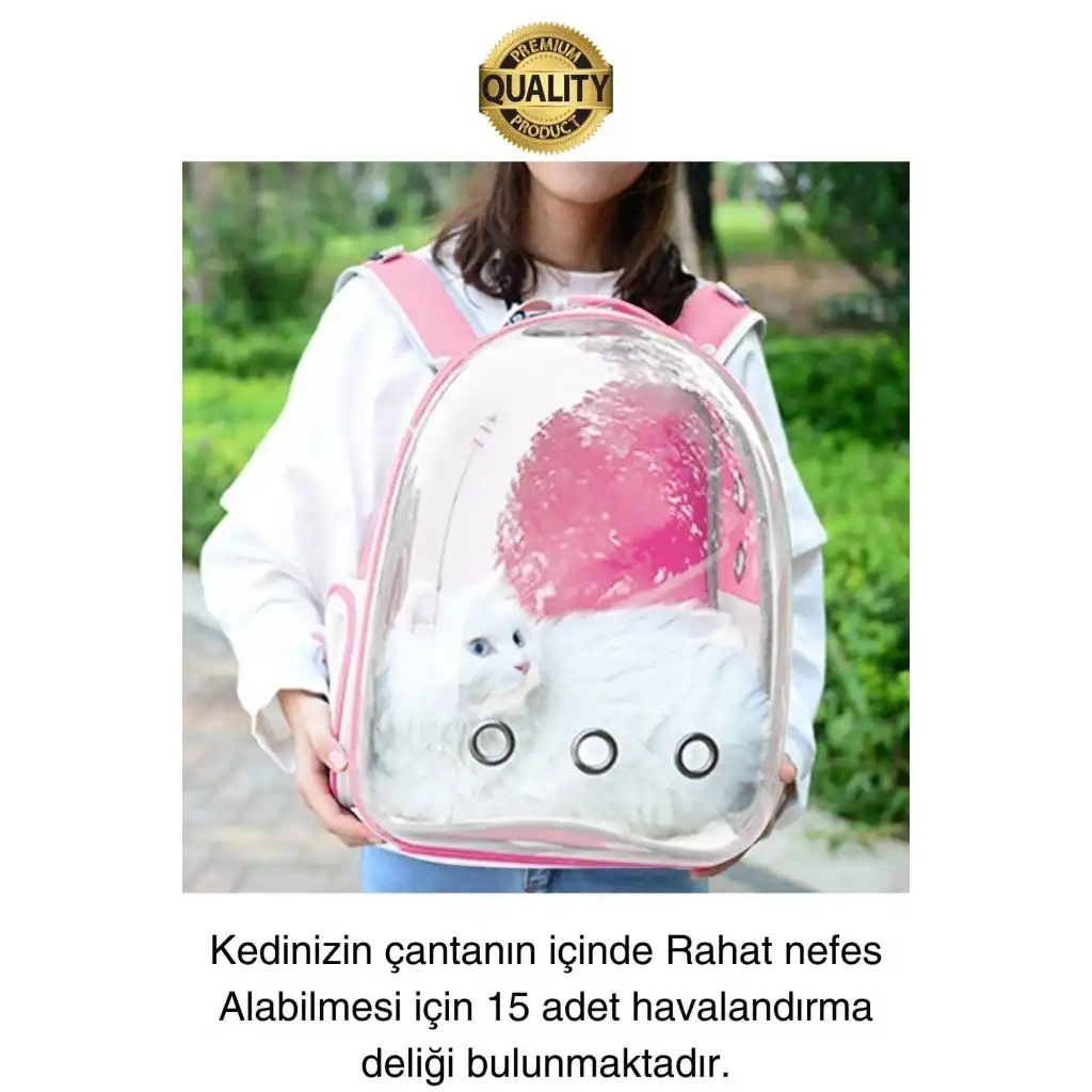 Premium Şeffaf Delikli Evcil Hayvan Kedi Köpek Taşıma Sırt Çantası Cepli Rahat Sağlam 42x33x22 cm