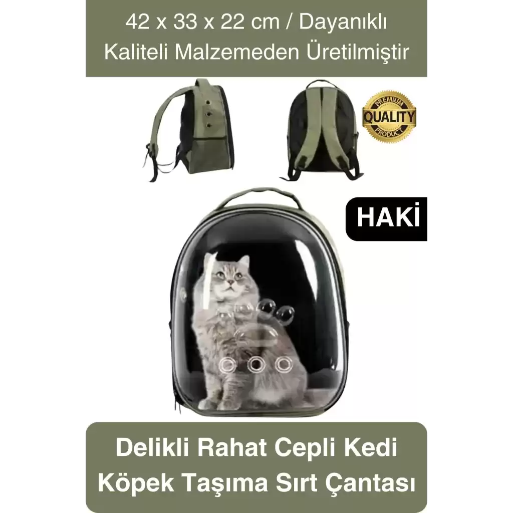 Premium Şeffaf Delikli Evcil Hayvan Kedi Köpek Taşıma Sırt Çantası Cepli Rahat Sağlam 42x33x22 cm