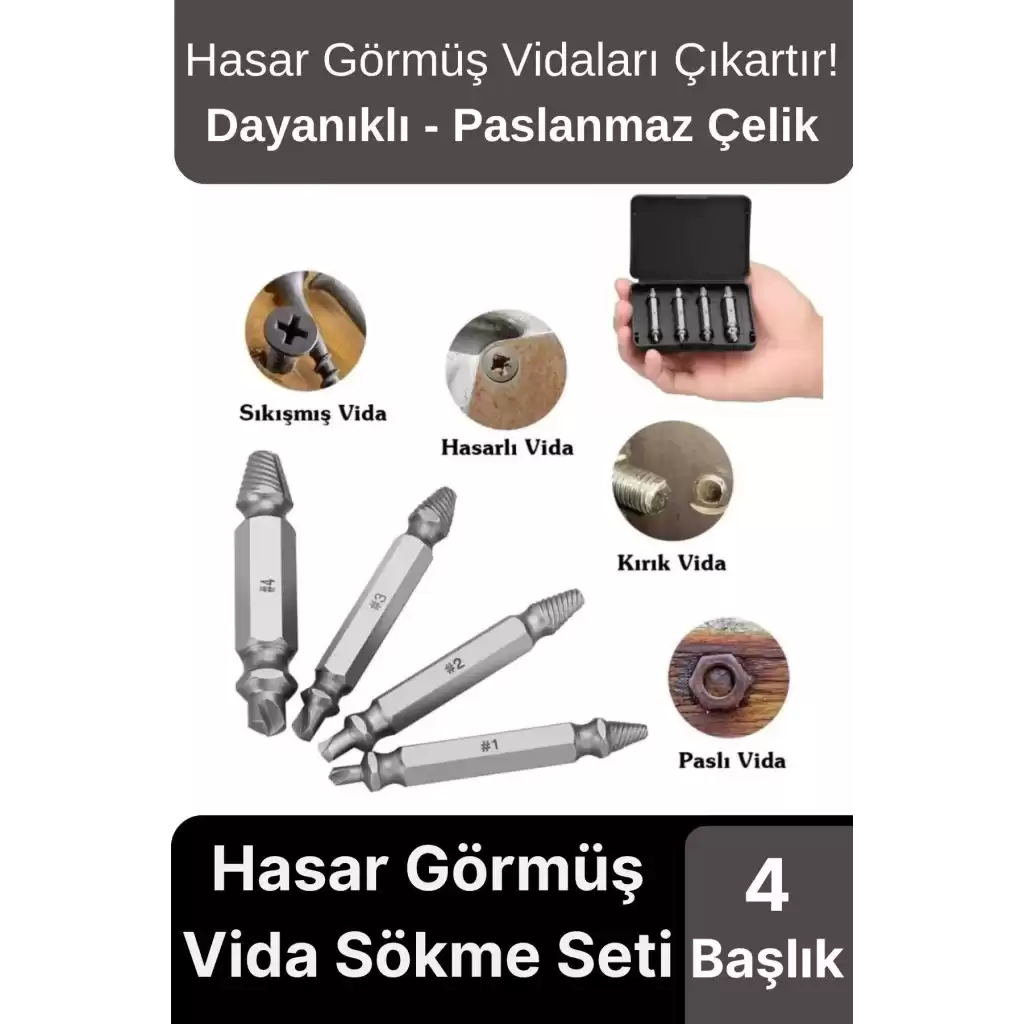 Premium Çok Amaçlı Paslanmaz Çelik Matkap Kırık Hasarlı Bozuk Vida Çıkarıcı Sökme Seti 4 Başlıklı