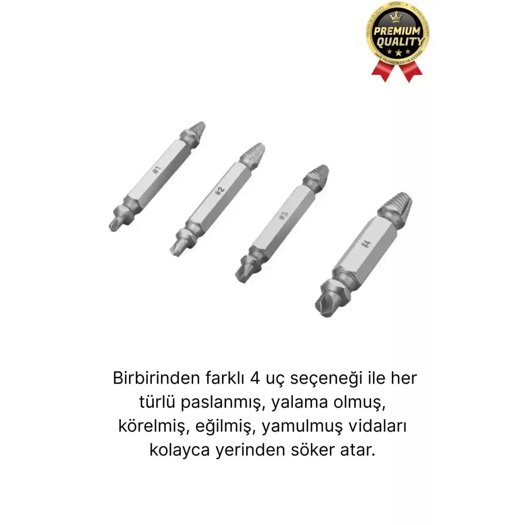 Premium Çok Amaçlı Paslanmaz Çelik Matkap Kırık Hasarlı Bozuk Vida Çıkarıcı Sökme Seti 4 Başlıklı