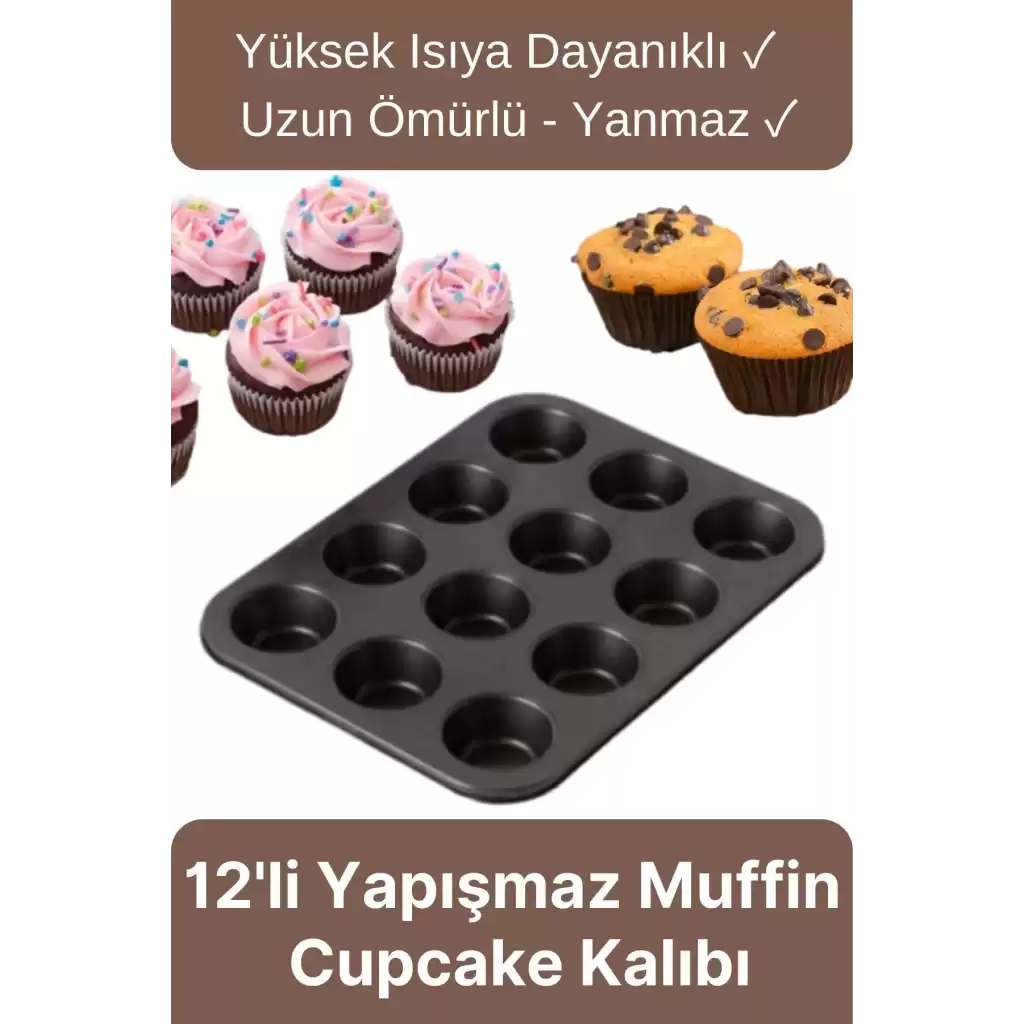 Çok Amaçlı Mutfak Yüksek Isıya Dayanıklı Yıkanabilir Yanmaz Yapışmaz 12li Kek Muffin Cupcake Kalıbı