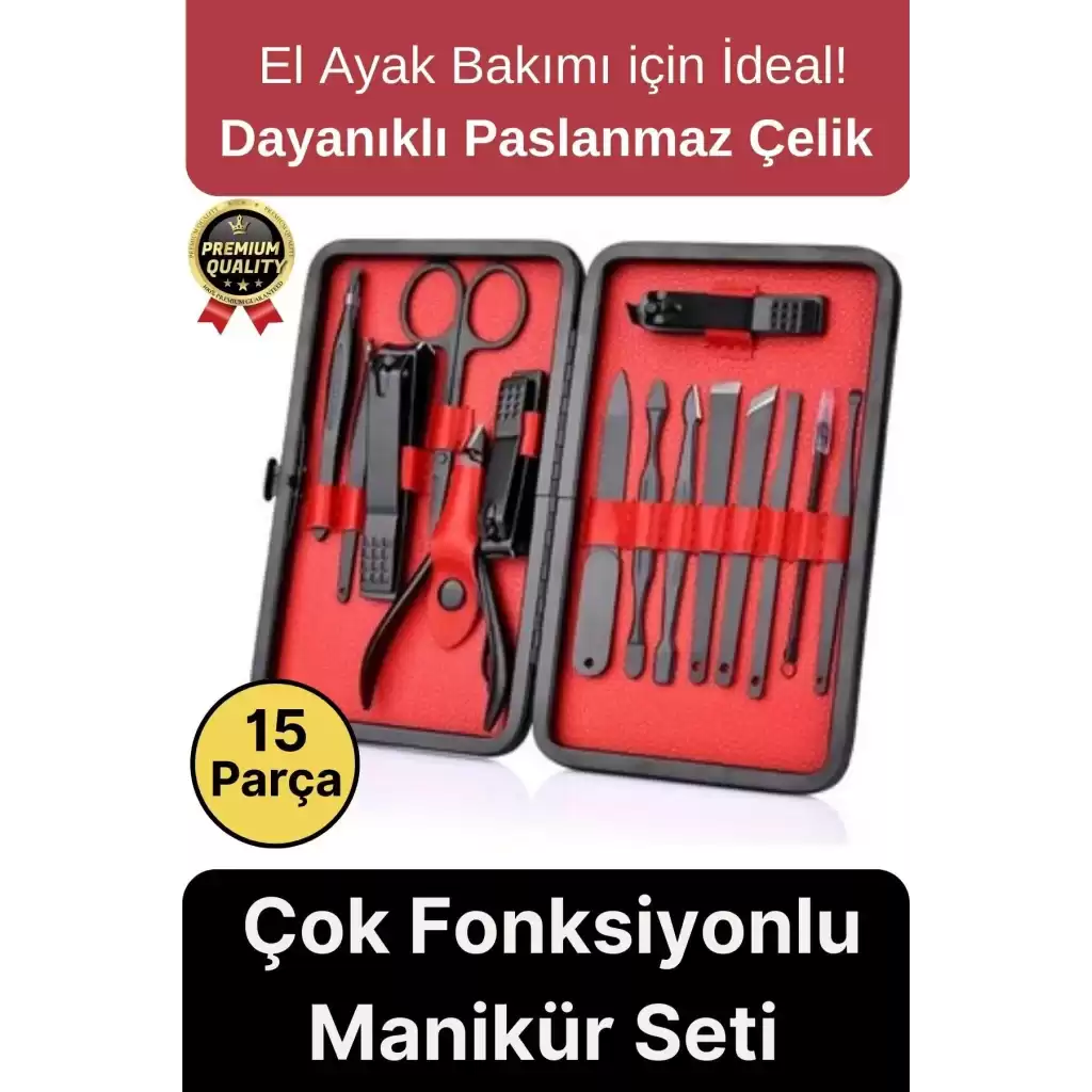 Profesyonel Lüks Paslanmaz Çok Fonksiyonlu El Ayak Tırnak Bakımı Deri Cüzdanlı Manikür Seti 15 Parça