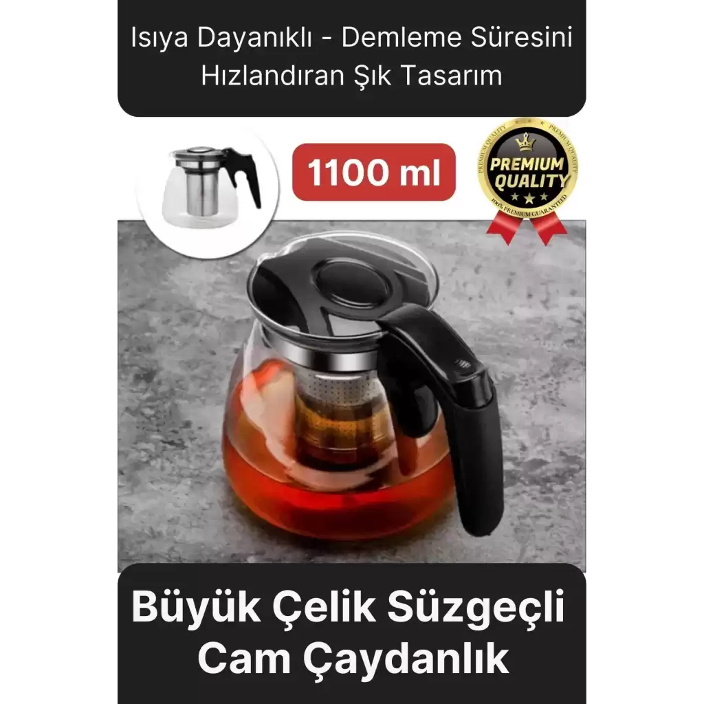 Özel Üretim Isıya Dayanıklı Bitki Çayı Şeffaf Büyük Çelik Süzgeçli Cam Çaydanlık Demlik 1.1 Litre