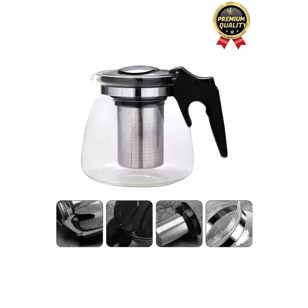 Özel Üretim Isıya Dayanıklı Bitki Çayı Şeffaf Büyük Çelik Süzgeçli Cam Çaydanlık Demlik 1.1 Litre