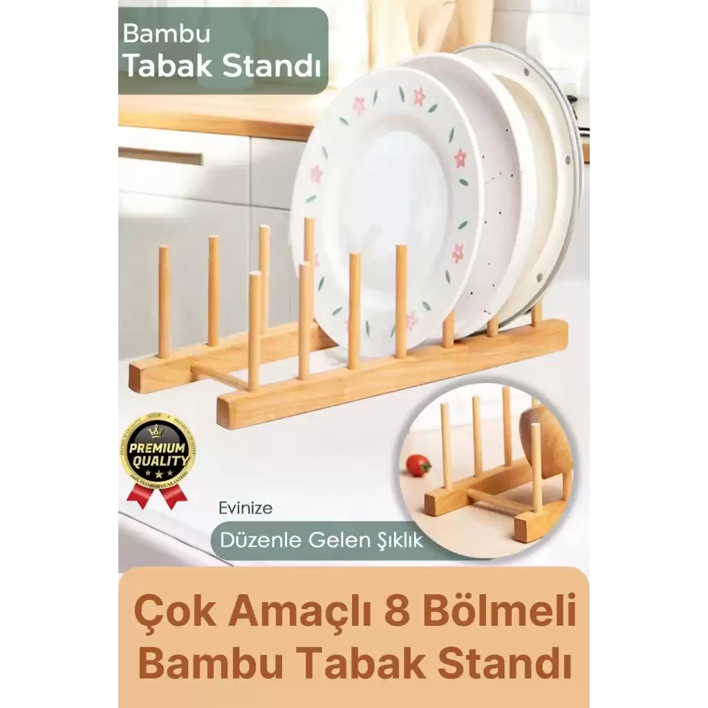 Çok Amaçlı Düzenleyici Bulaşıklık Plak Tabak Kitap Mutfak Organizer 8 Bölmeli Bambu Tabak Standı