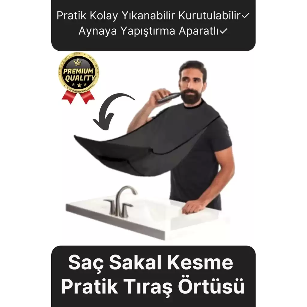 Pratik Hijyenik Vakumlu Aynaya Yapıştırma Aparatlı Siyah Kesme Örtüsü Evde Saç Sakal Tıraş Önlüğü