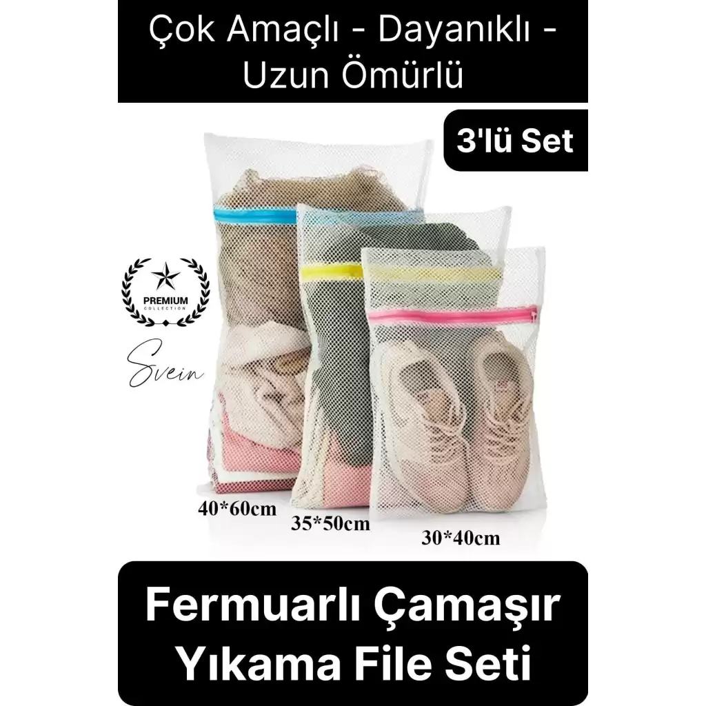 3 Adet Farklı Boy Çamaşır Yıkama Filesi Torba Seti Renkli Fermuarlı Kirli Temiz Sütyen İç Çamaşırı