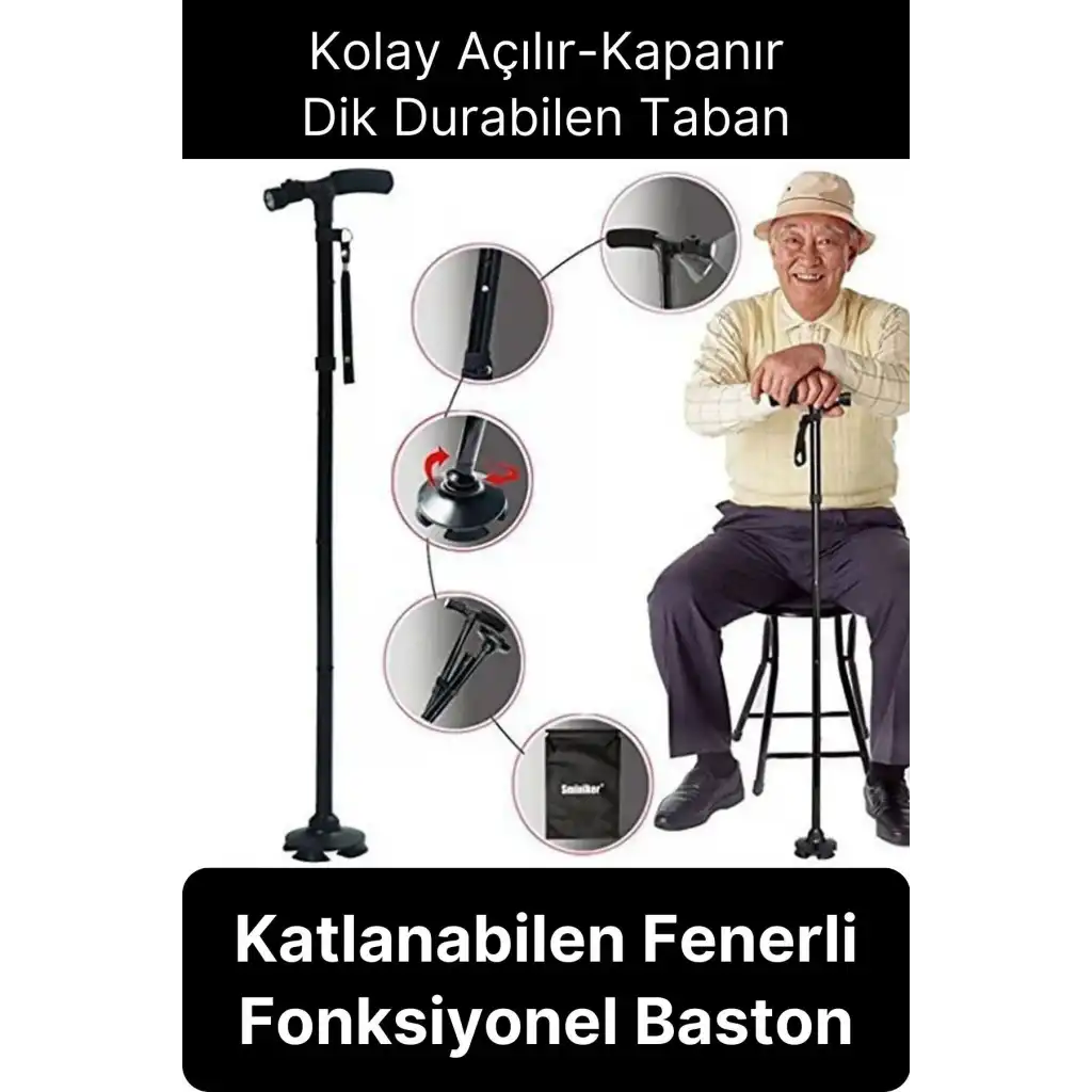 Premium Kalite Katlanabilir Led Işıklı Baston Yürüyüş Fenerli Ayaklı Kolay Açılıp Kapanan Kaymaz