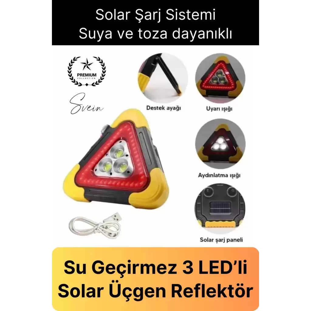 Led Işıklı Üçgen Reflektör Projektör Acil Durum Feneri Flaşör Trafik Şarjlı Solar İkaz Lambası