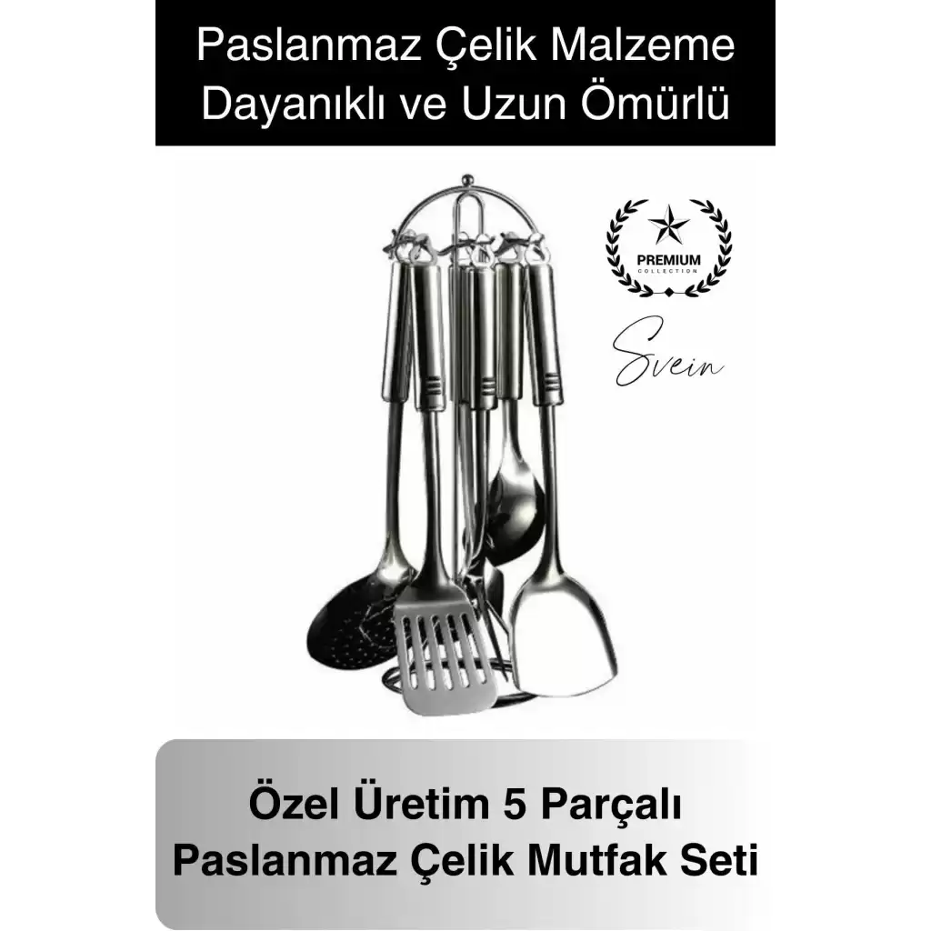 5li Paslanmaz Çelik Mutfak Seti Servis Kepçe Kevgir Spatula Kaşık Takımı Metal Hijyen Çeyiz Pratik