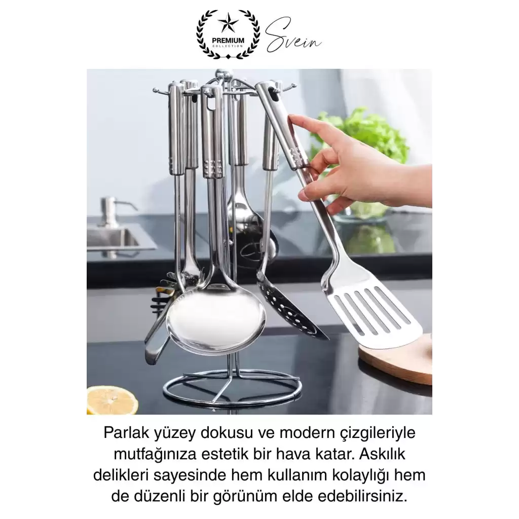 5li Paslanmaz Çelik Mutfak Seti Servis Kepçe Kevgir Spatula Kaşık Takımı Metal Hijyen Çeyiz Pratik