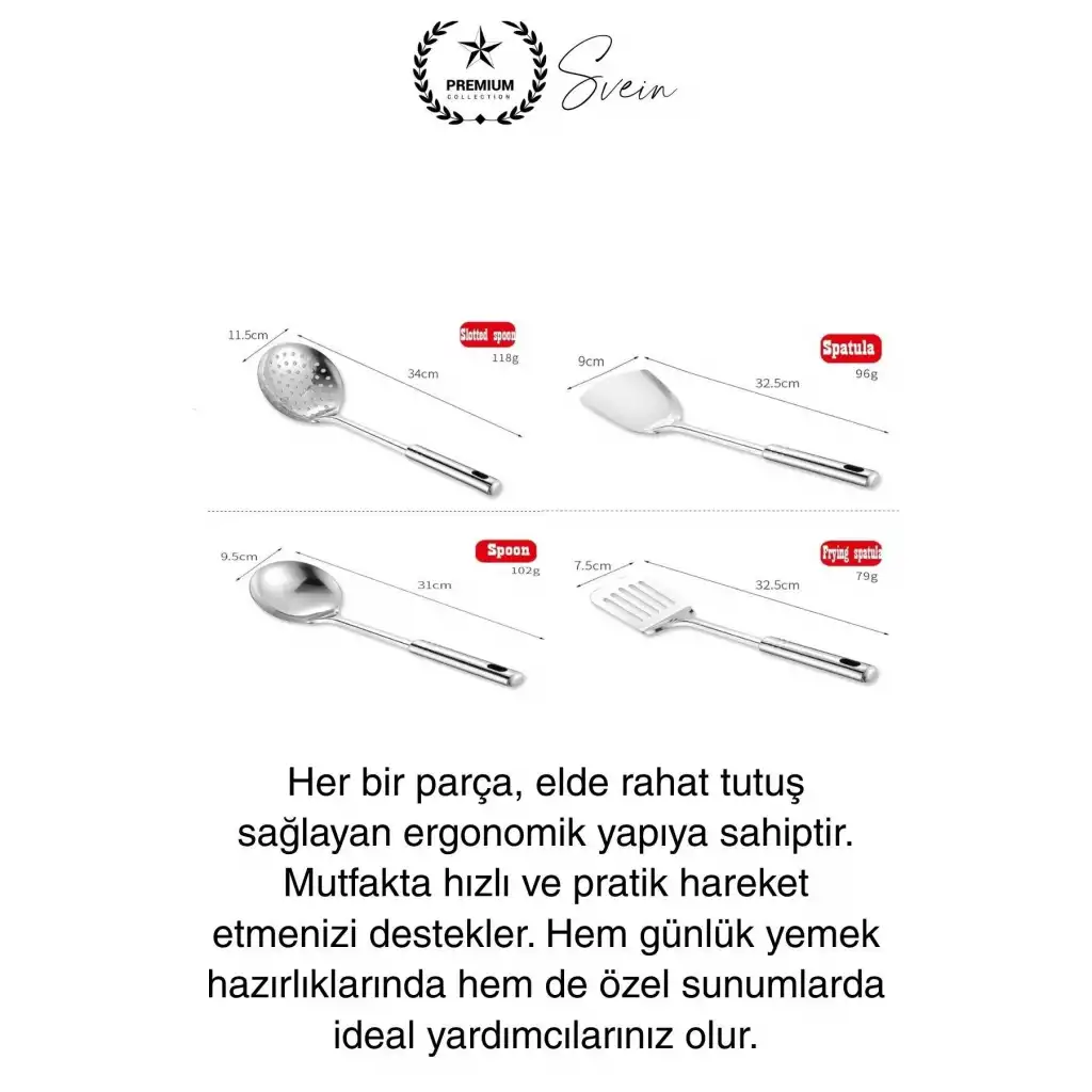 5li Paslanmaz Çelik Mutfak Seti Servis Kepçe Kevgir Spatula Kaşık Takımı Metal Hijyen Çeyiz Pratik