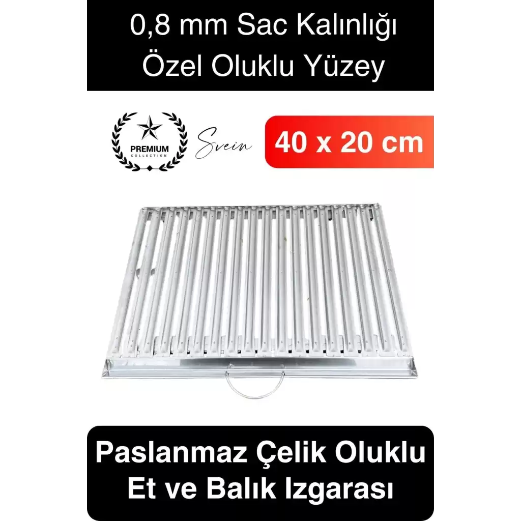 Premium 40 x 20 cm Paslanmaz Çelik 0,8 Kalın Oluklu Izgara Mangal Piknik Kamp Et Balık Kebap Pişirme