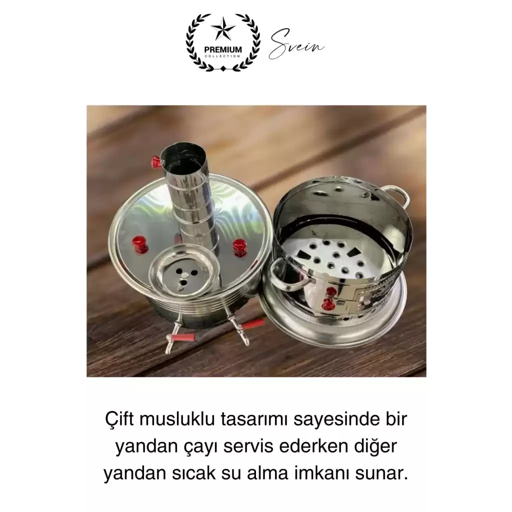 Premium Çift Musluklu 3.5 lt Kömürlü Kamp Piknik İçin Çok Amaçlı Odunlu Çay Semaveri Paslanmaz Çelik