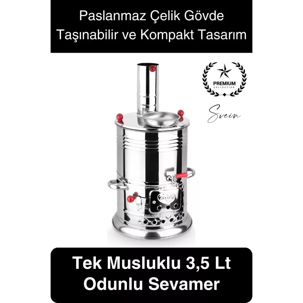 Premium Tek Musluklu 3.5 lt Kömürlü Kamp Piknik İçin Çok Amaçlı Odunlu Çay Semaveri Paslanmaz Çelik